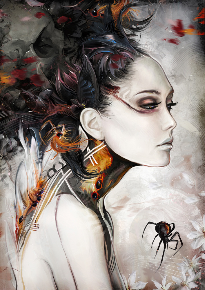 Black widow, peinture digitale en character design dark fantasy par le directeur créatif du Château de Saint-Chamarand Bruno Wagner Yayashin.