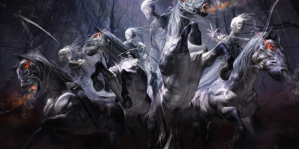 Illustration Dark Fantasy "Four Horsemen" (Les quatre cavaliers de l'Apocalypse) par le Directeur Créatif Yayashin - Peinture digitale de Bruno Wagner.