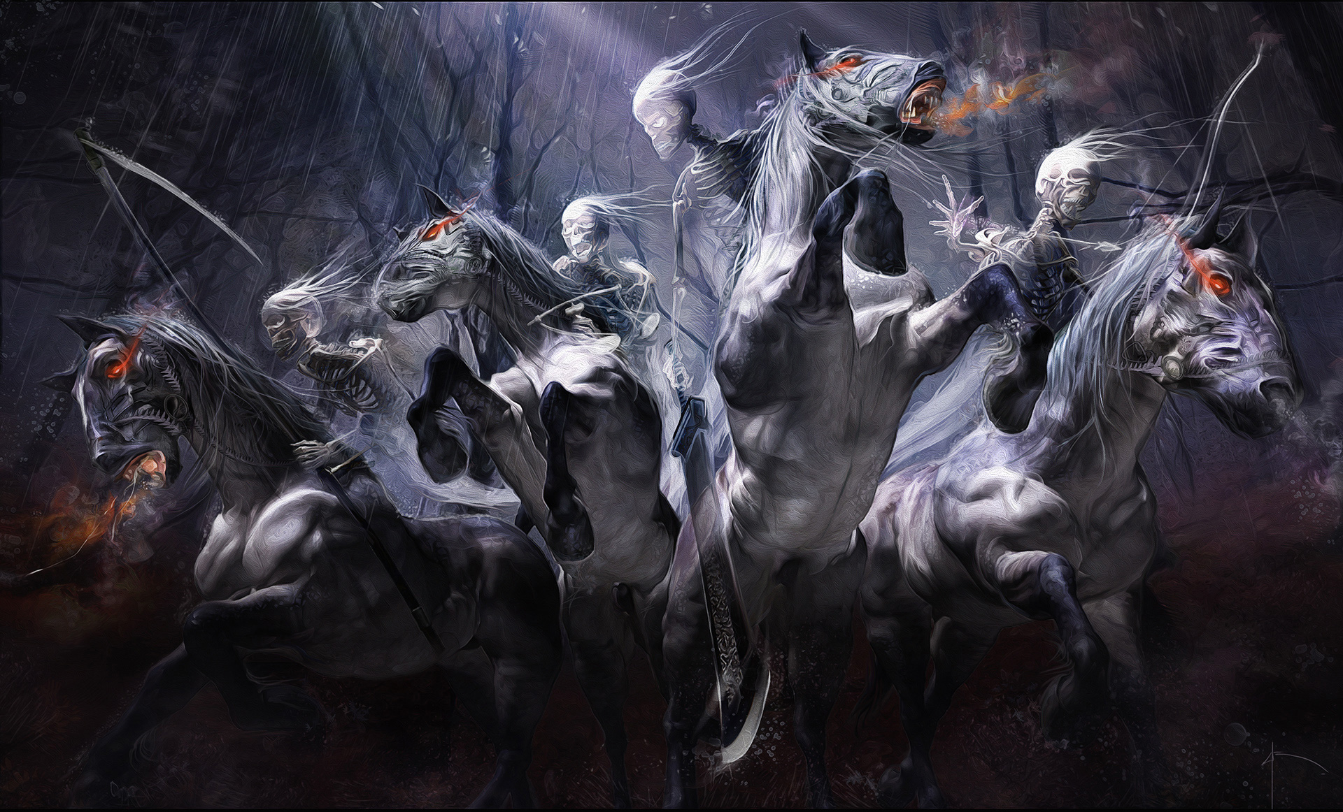 Illustration Dark Fantasy "Four Horsemen" (Les quatre cavaliers de l'Apocalypse) par le Directeur Créatif Yayashin - Peinture digitale de Bruno Wagner.