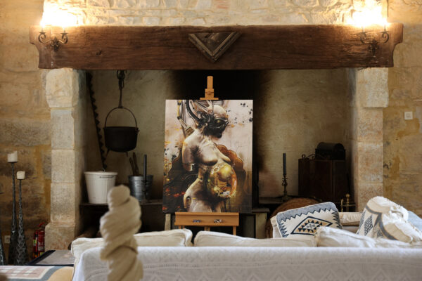 Tableau Génèse de Yayashin, Exposition "Onirisme" de de Bruno Wagner (illustration Yayashin) et Xavier Artésien (Tailleur de pierre et Sculpteur) au Château de Saint Chamarand dans le Lot